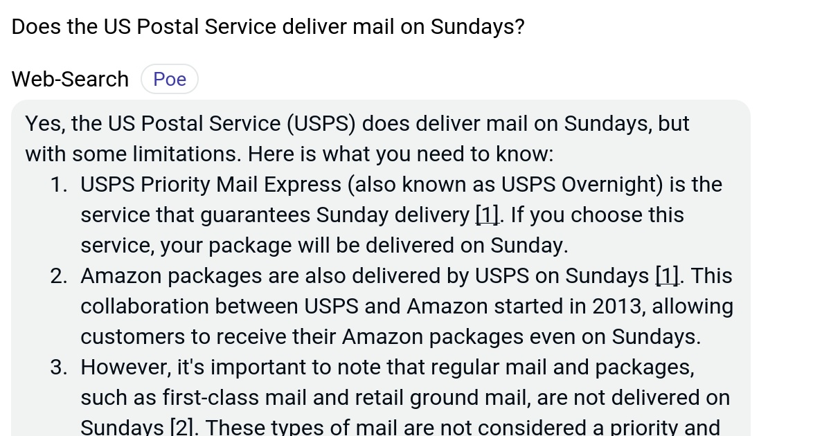 Does the US Postal Service deliver mail on Sundays? Poe
