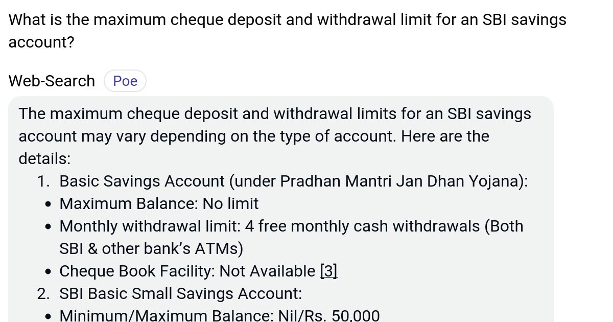 What is the maximum cheque deposit and withdrawal limit for an SBI savings account? Poe