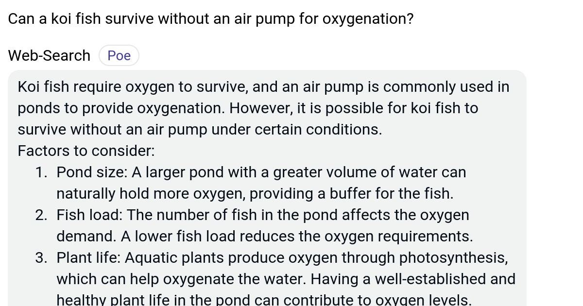 Can a koi fish survive without an air pump for oxygenation? Poe