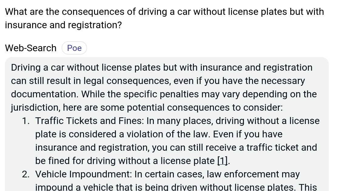 What are the consequences of driving a car without license plates but