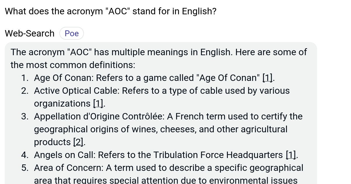 What does the acronym "AOC" stand for in English? Poe