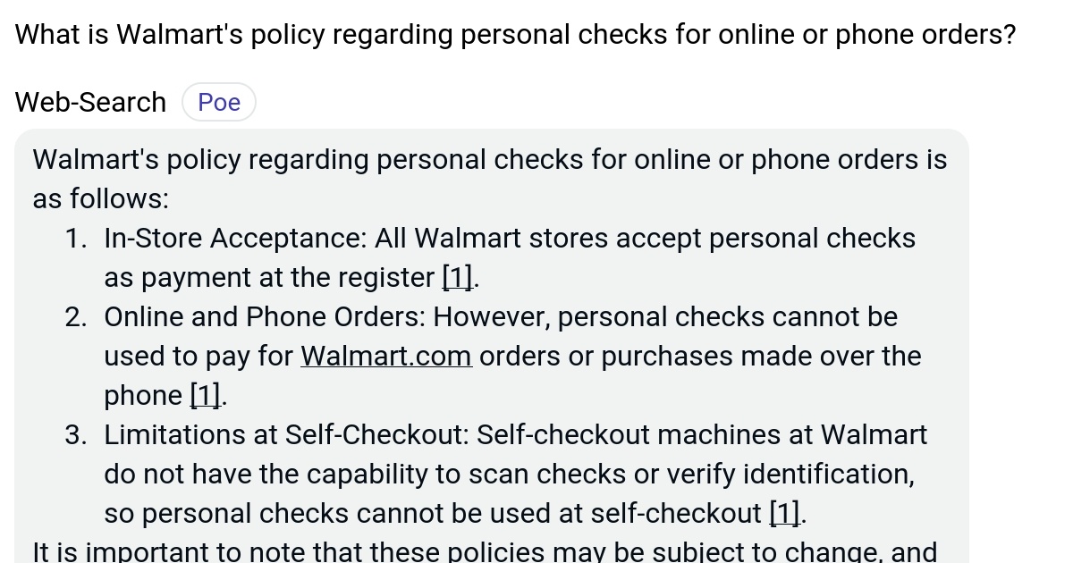 What is Walmart's policy regarding personal checks for online or phone