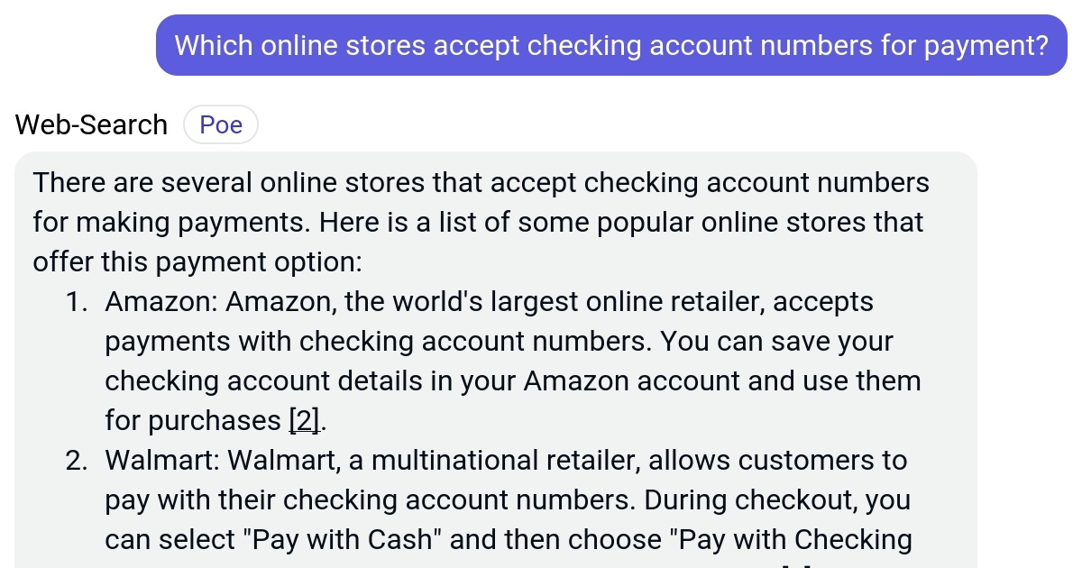 Which online stores accept checking account numbers for payment? Poe