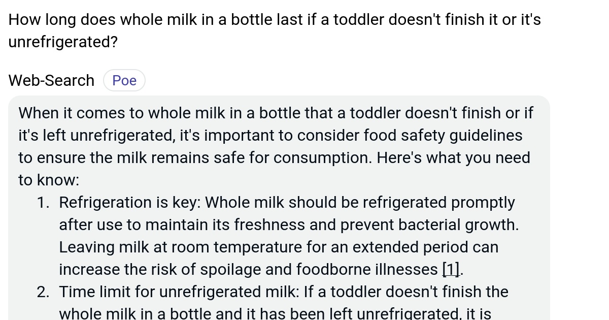 How long does whole milk in a bottle last if a toddler doesn't finish