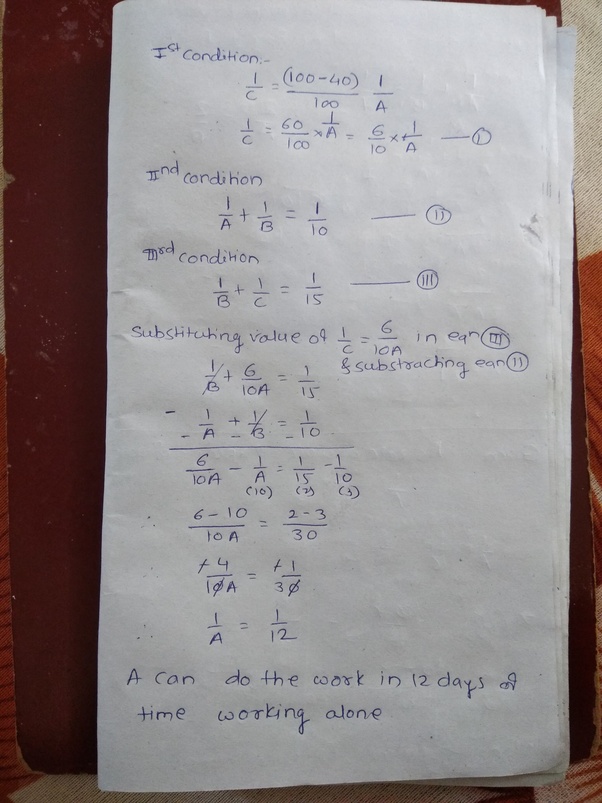 C is 40 less efficient than A. A and B together can