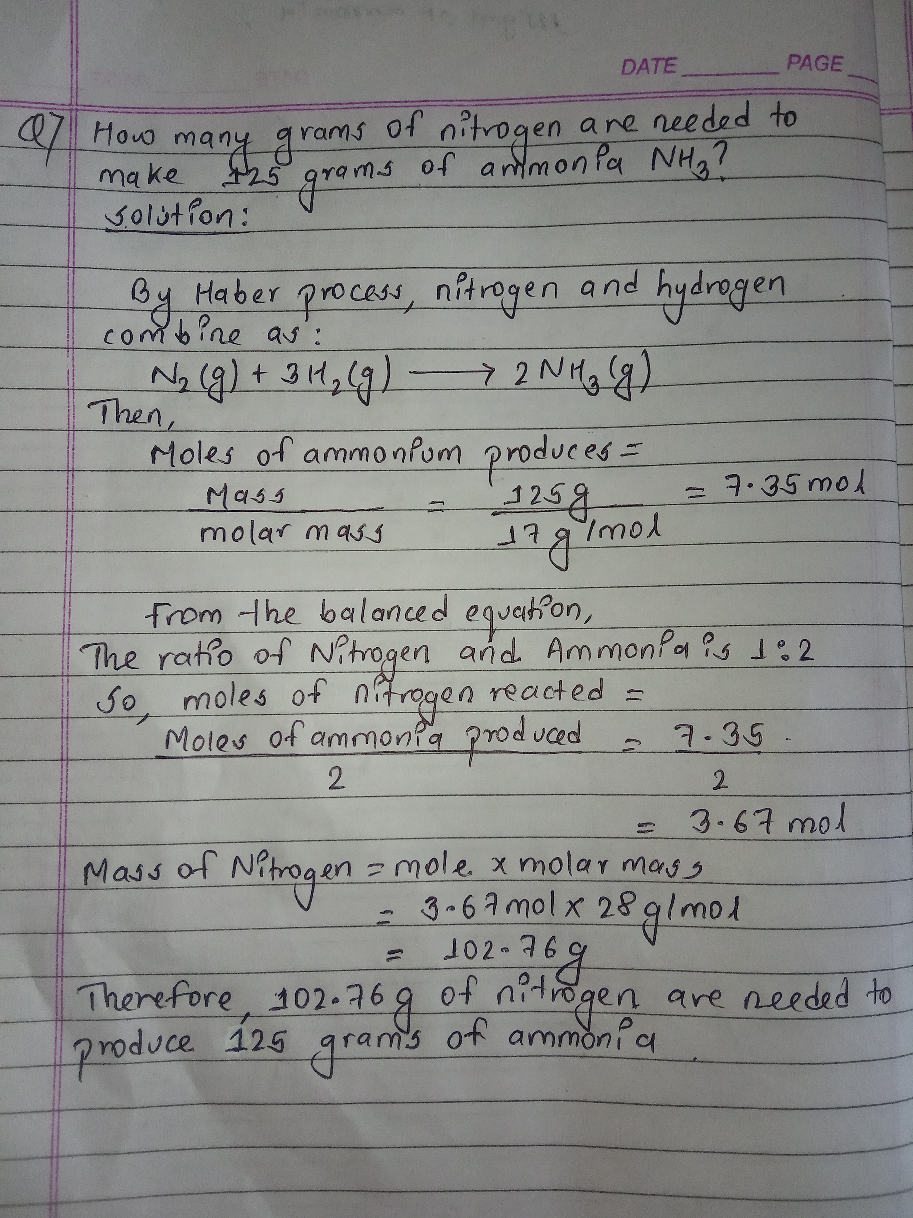 Berapa gram nitrogen yang dibutuhkan untuk membuat 125 gram amonia NH3? -  Quora