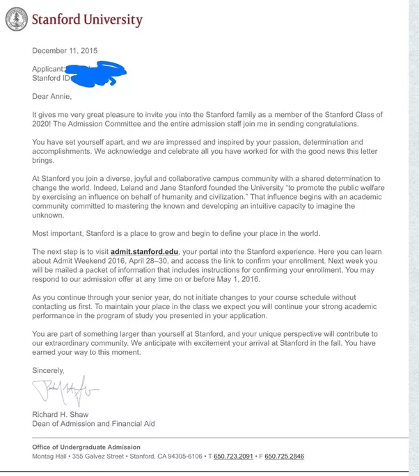 What does a Stanford letter of acceptance to undergraduate