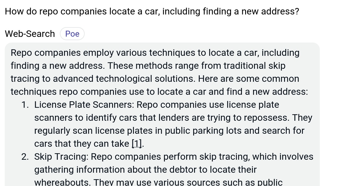 How do repo companies locate a car, including finding a new address? Poe