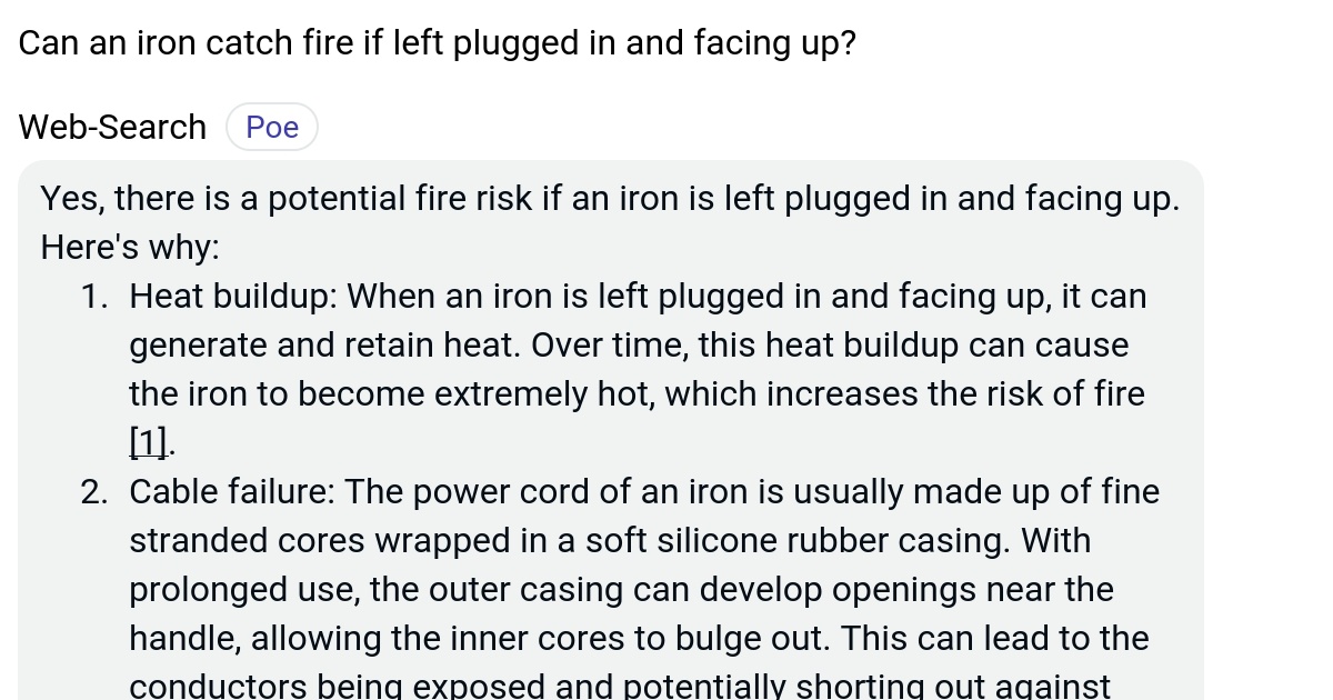 Can an iron catch fire if left plugged in and facing up? Poe