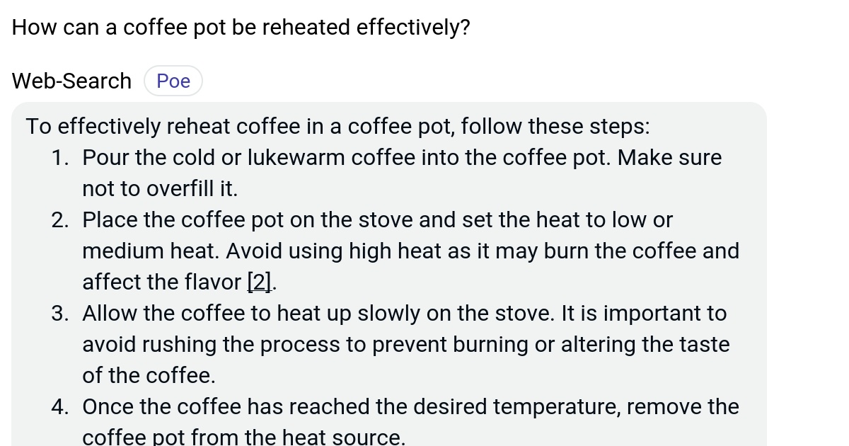 How can a coffee pot be reheated effectively? Poe