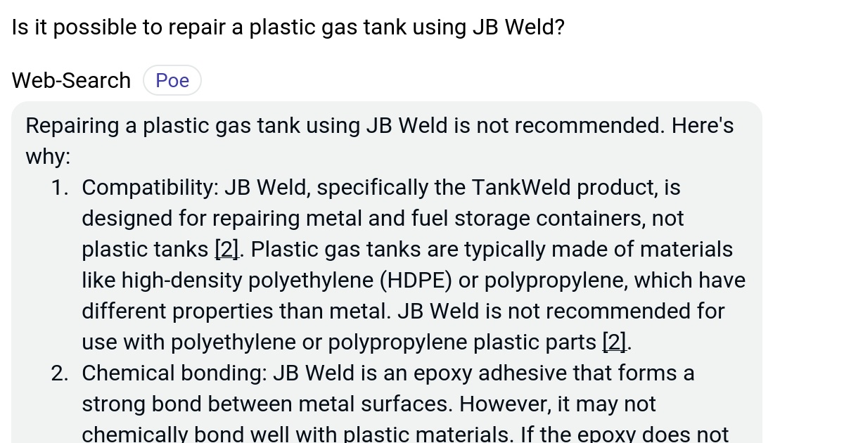 Is it possible to repair a plastic gas tank using JB Weld? Poe