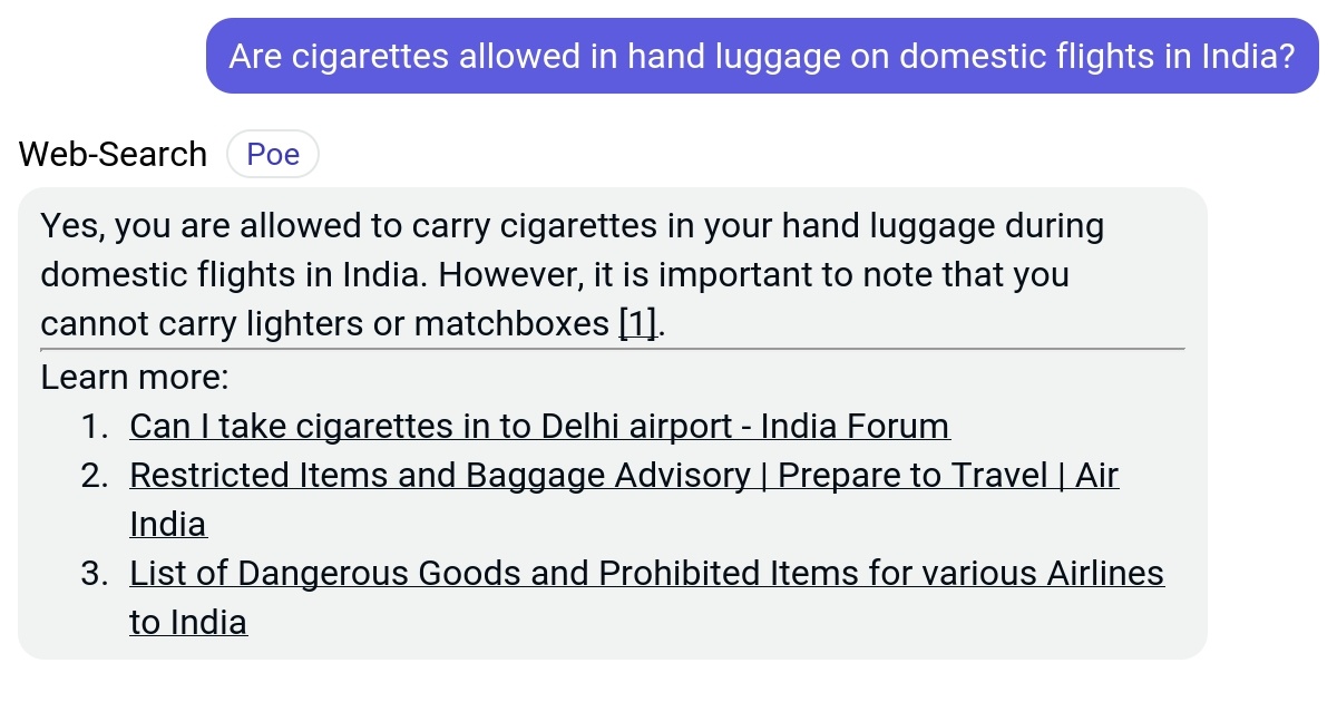 Are cigarettes allowed in hand luggage on domestic flights in India? Poe