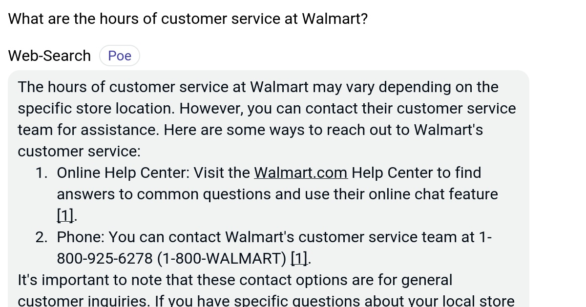 What are the hours of customer service at Walmart? Poe
