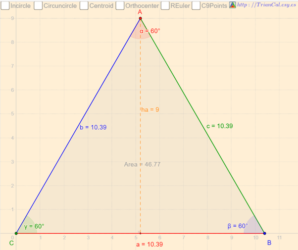 If height of an equilateral triangle measures 9cm, then