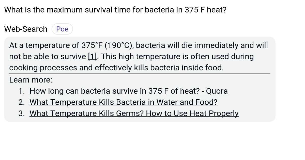 What is the maximum survival time for bacteria in 375 F heat? Poe