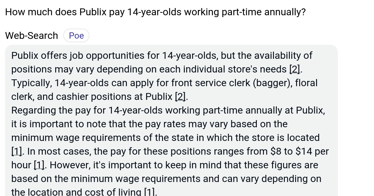 How much does Publix pay 14yearolds working parttime annually? Poe