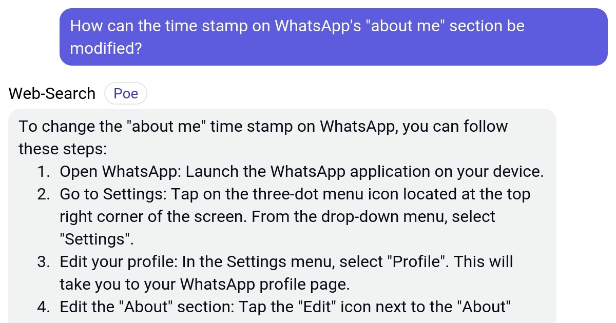 How can the time stamp on WhatsApp's "about me" section be modified? Poe