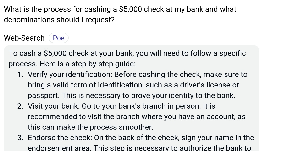 What is the process for cashing a 5,000 check at my bank and what