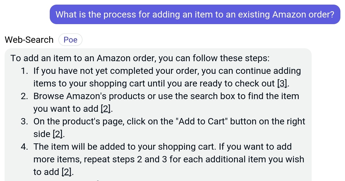 What is the process for adding an item to an existing Amazon order? Poe