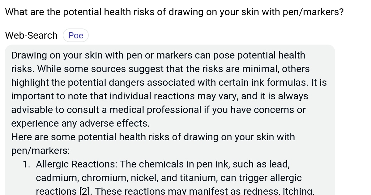 What are the potential health risks of drawing on your skin with pen