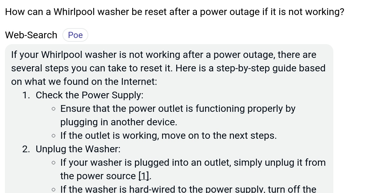 How can a Whirlpool washer be reset after a power outage if it is not