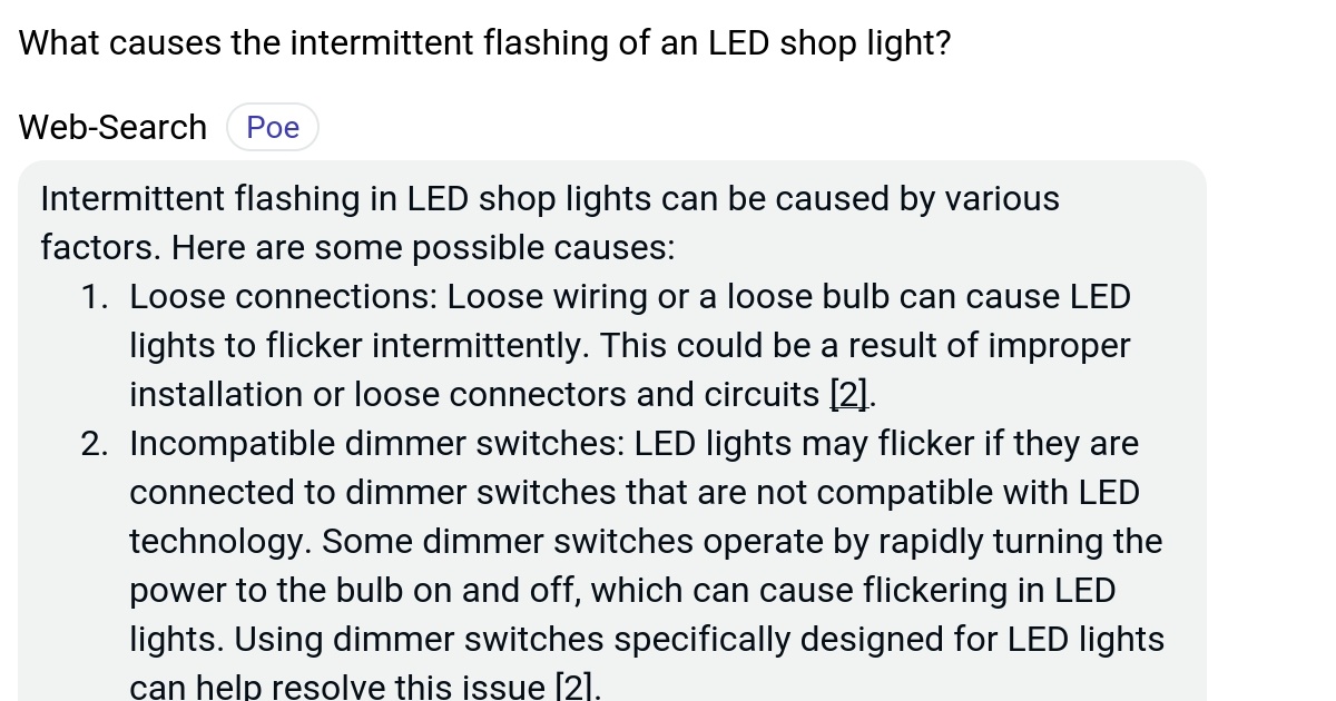 What causes the intermittent flashing of an LED shop light? Poe