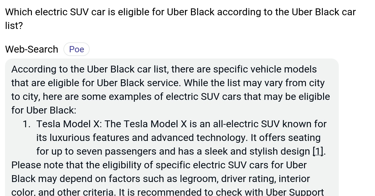 Which electric SUV car is eligible for Uber Black according to the Uber