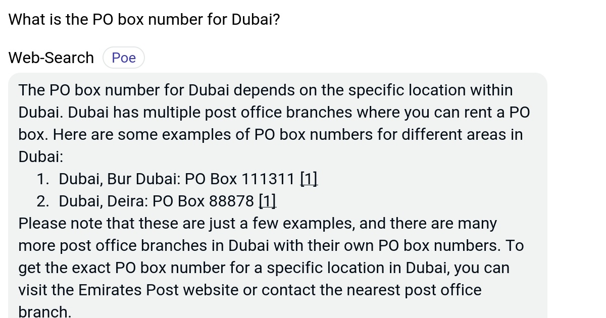 What is the PO box number for Dubai? Poe