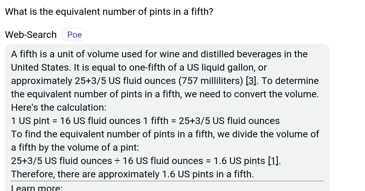 What is the equivalent number of pints in a fifth? Poe