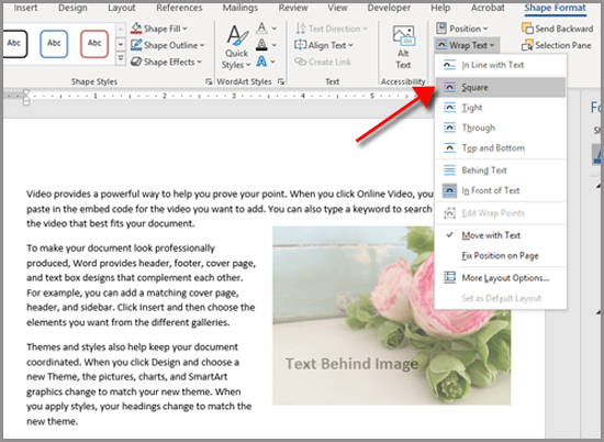 How to insert a picture in a text box in Word and move it in front of