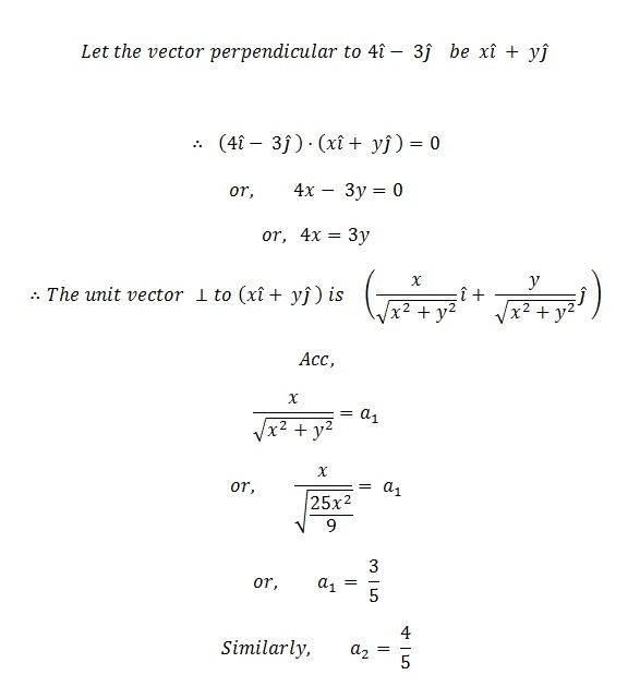 If a1i^+a2j^ is a unit vector perpendicular to 4i^3j^, what is a1 and