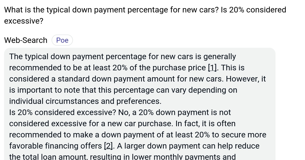 What is the typical down payment percentage for new cars? Is 20