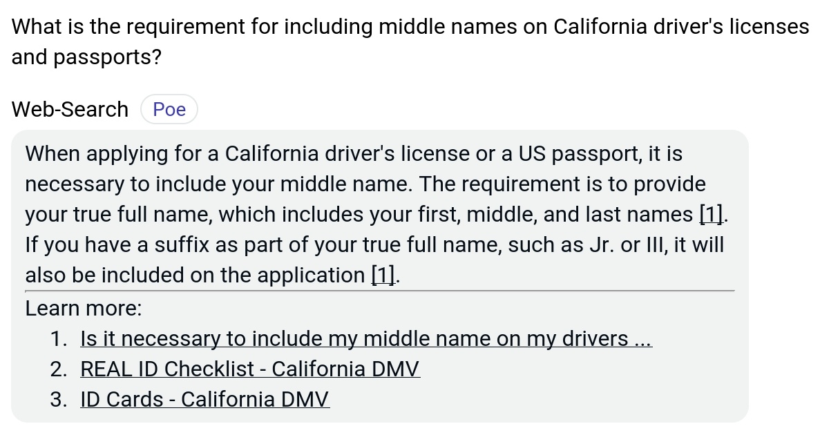 What is the requirement for including middle names on California driver