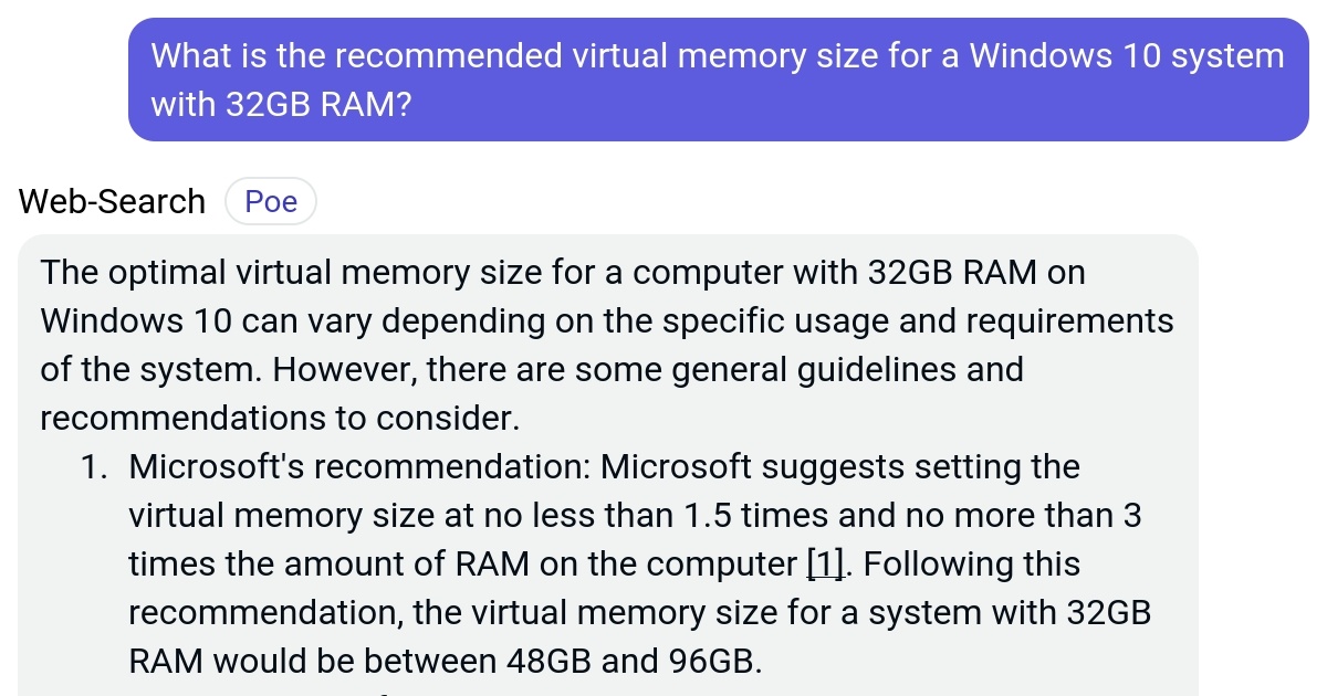 What is the virtual memory size for a Windows 10 system