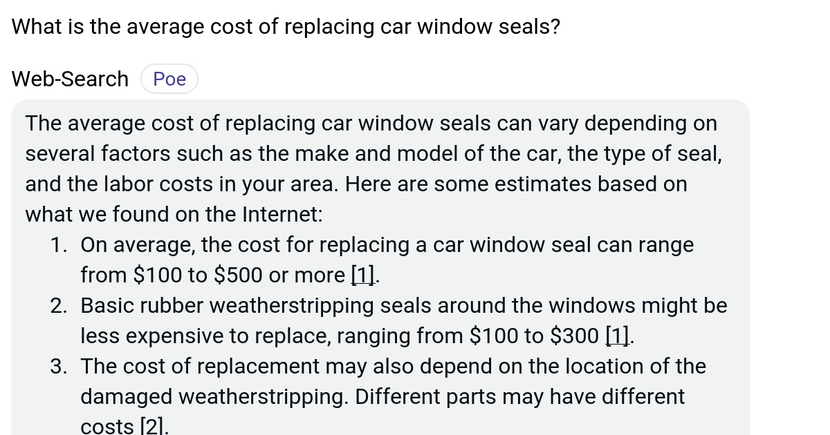 What is the average cost of replacing car window seals? Poe