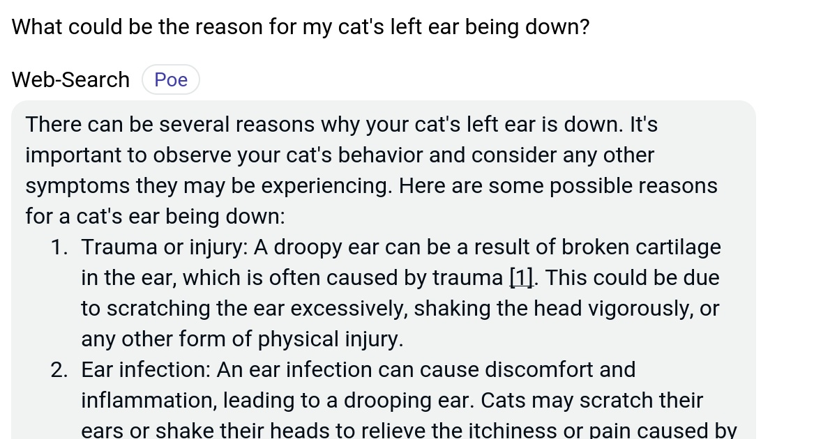 What could be the reason for my cat's left ear being down? Poe