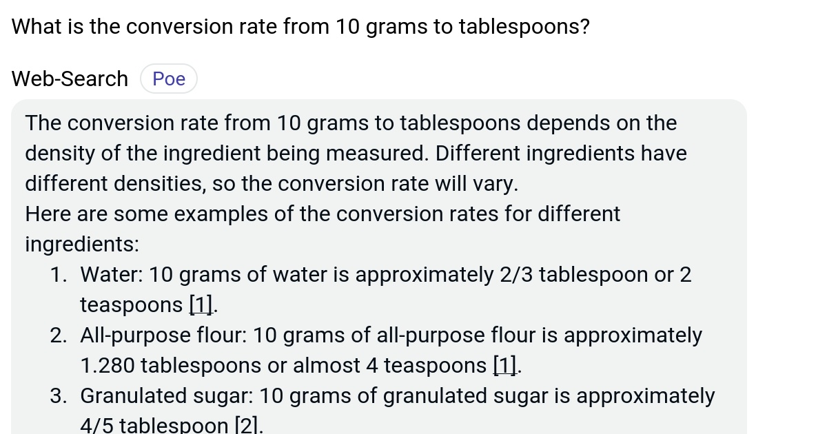 What is the conversion rate from 10 grams to tablespoons? Poe