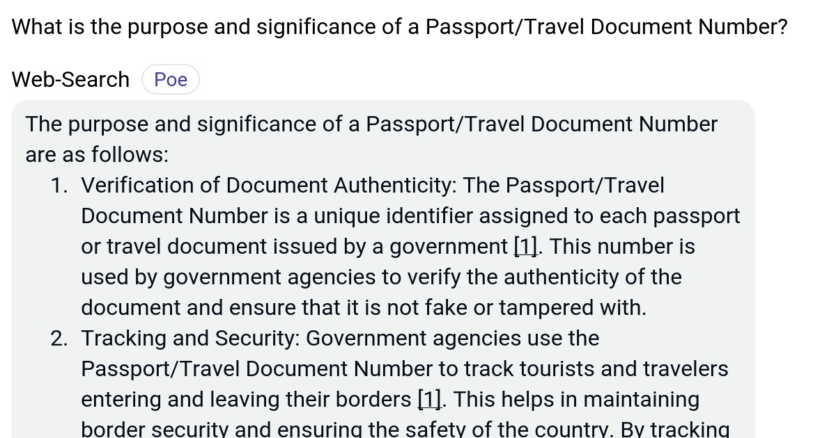 What is the purpose and significance of a Passport/Travel Document Number? Poe