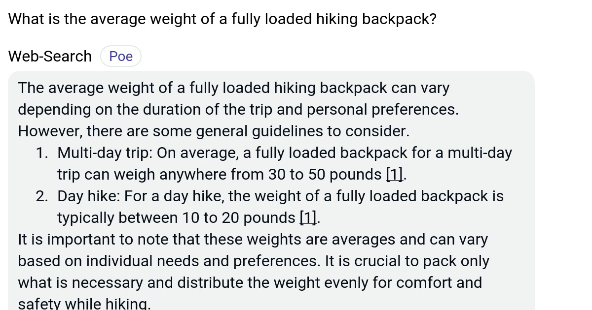 What is the average weight of a fully loaded hiking backpack? Poe