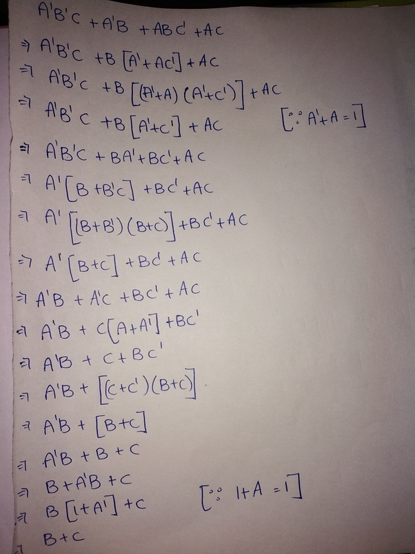 How to minimize A'B'C' + A'B + ABC' + AC using Boolean Algebra Quora