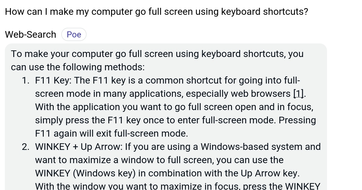 How can I make my computer go full screen using keyboard shortcuts? Poe