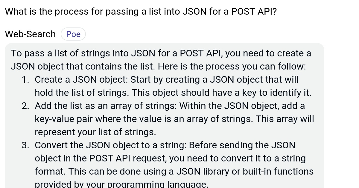 What is the process for passing a list into JSON for a POST API? Poe