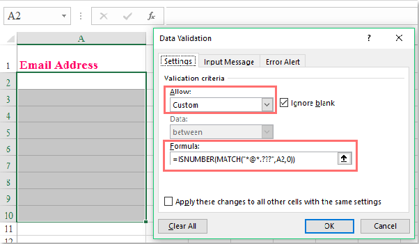 Excel Data Validation Formula