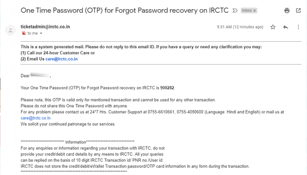How to recover my IRCTC password, if I have lost my registered mobile