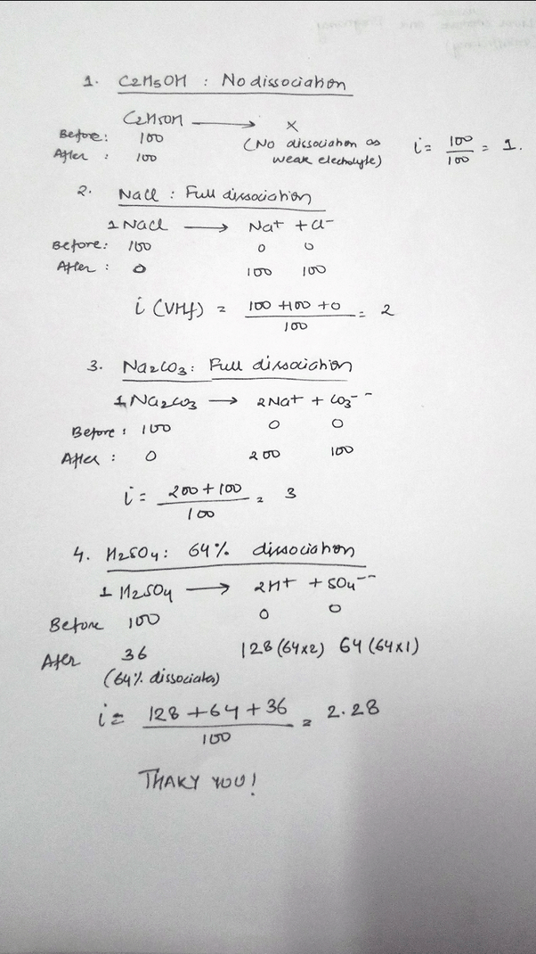 What are the van’t Hoff factors of C2H5OH (no dissociation), NaCl (full