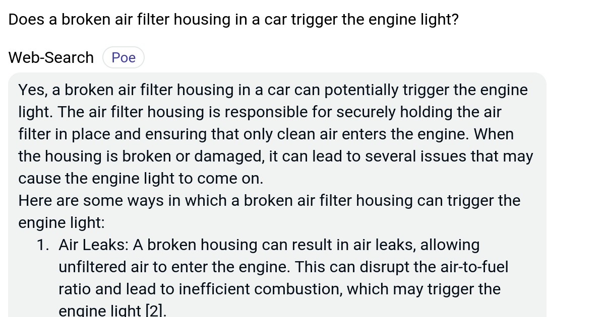 Does a broken air filter housing in a car trigger the engine light? Poe