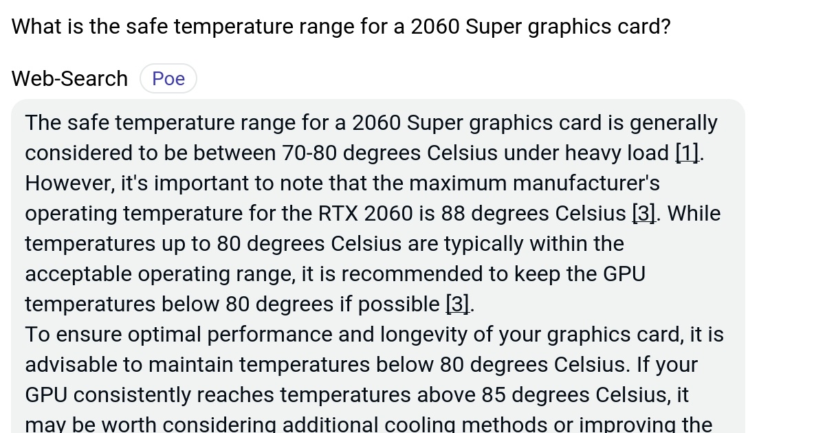 What is the safe temperature range for a 2060 Super graphics card? Poe