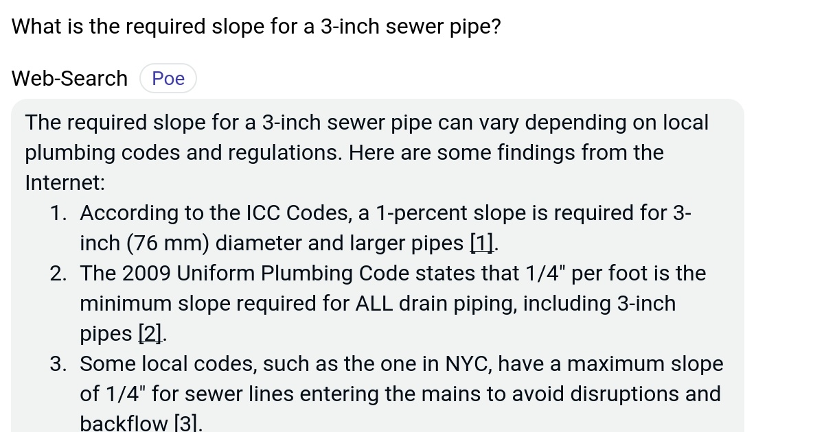 What is the required slope for a 3inch sewer pipe? Poe