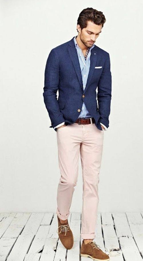 Navy blazer, light khaki pants. What color shirt, tie and shoes would