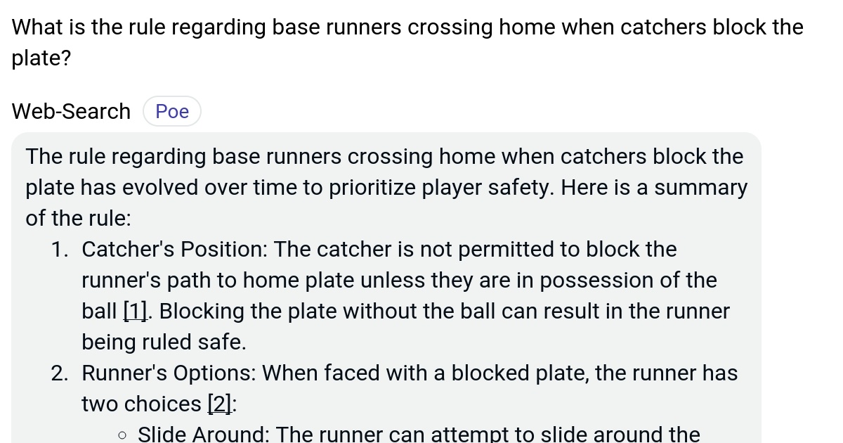 What is the rule regarding base runners crossing home when catchers block the plate? Poe